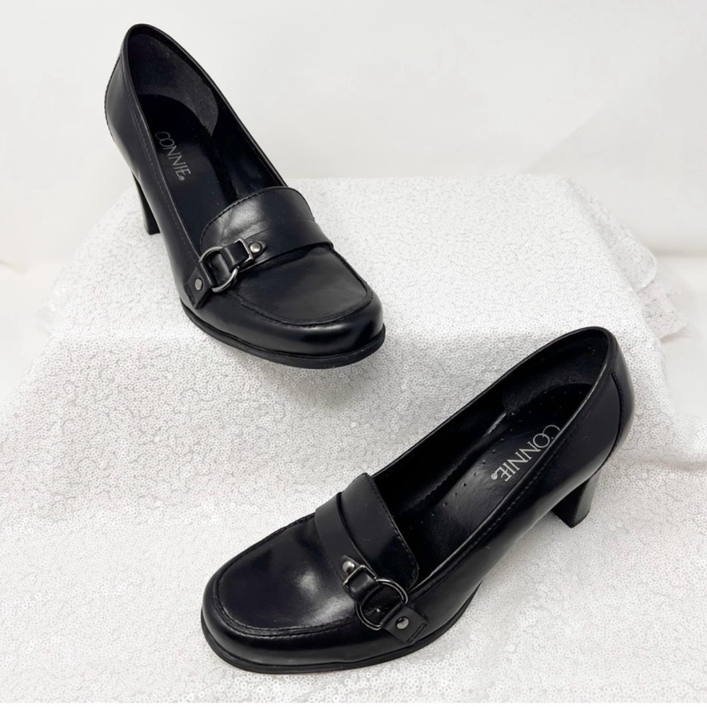 CONNIE Vintage 80s 90s Black Leather Oxford Block Heel Silver D-Buckle Loafers